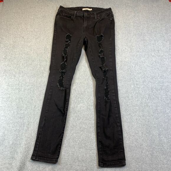 Levis 711 Jeans Womens 29 Black Skinny Stretch Distressed Ripped Pocket Denim - Picture 1 of 9